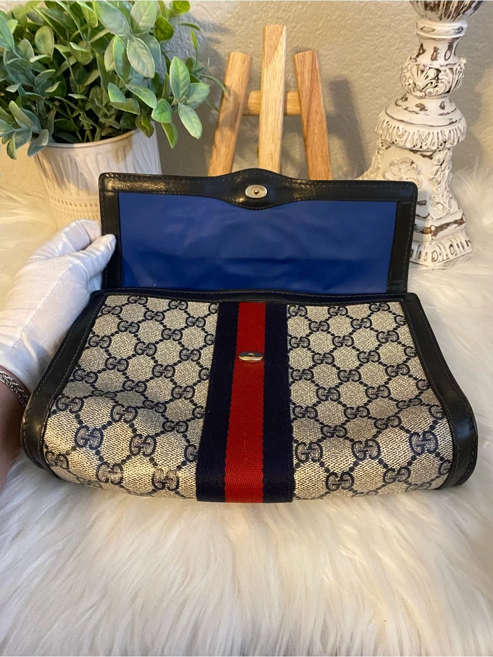 Gucci Parfume Beige/Navy/Red GG Canvas Fold-Over Clutch or Pouch with Web Stripe